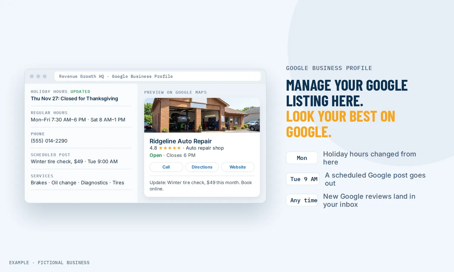 Example: an auto repair shop updates its Google listing hours and schedules a Google post, with a preview of the listing