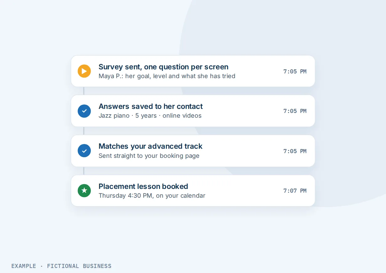 Example: a music school's survey steps: answers saved to the contact, a match to the advanced track, a redirect to booking, and a placement lesson booked
