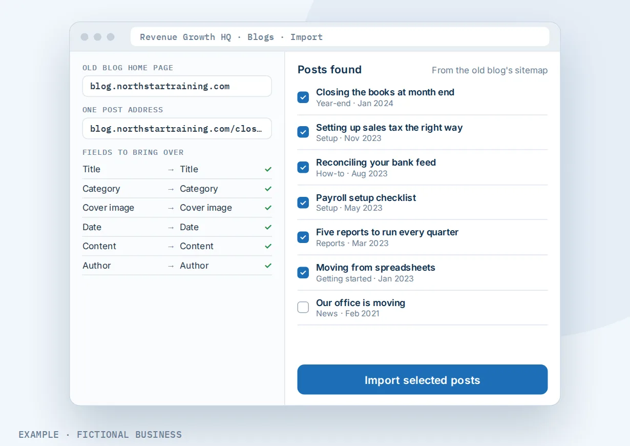 Example: a software training firm's blog import, with the old blog's address, the fields mapped and the posts found ready to import