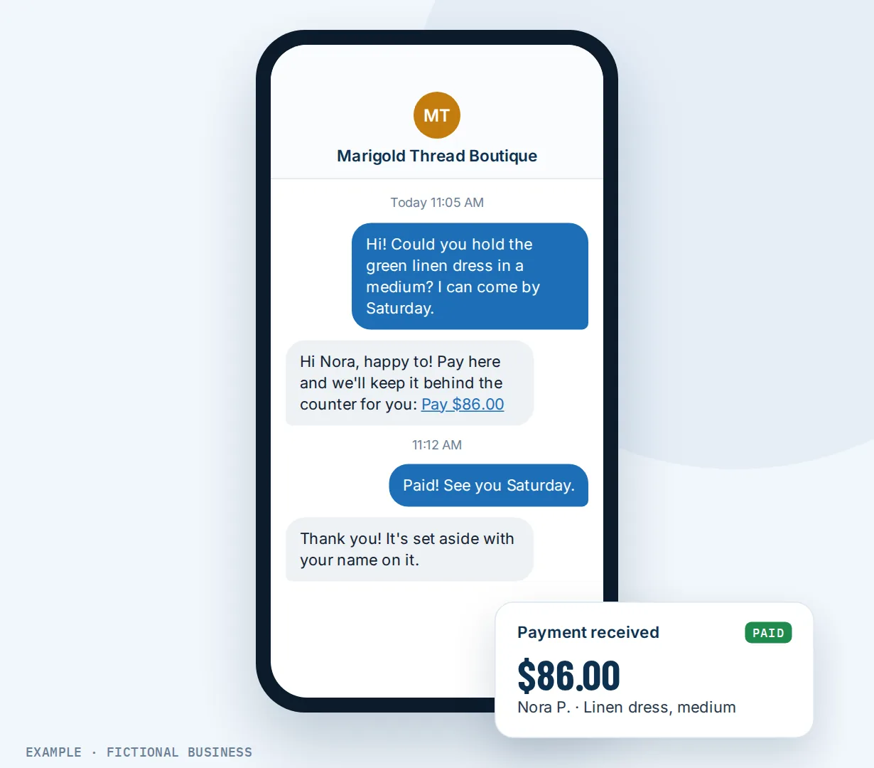 Example: a customer's phone texting a boutique to hold a linen dress, the boutique's reply with a payment link, her 'Paid!' reply, and a payment received card