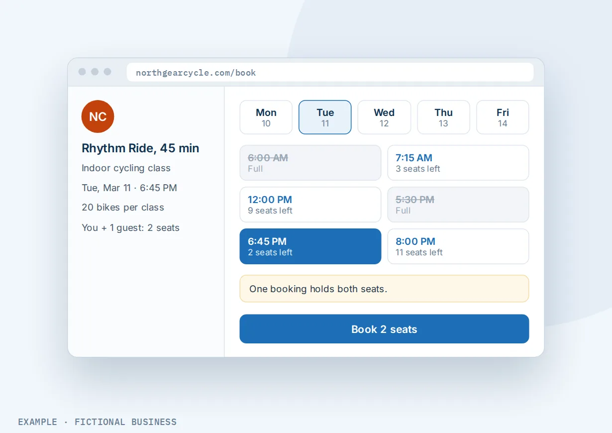 Example: an indoor cycling studio's booking page with class times showing seats left, two full classes and a booking for two seats