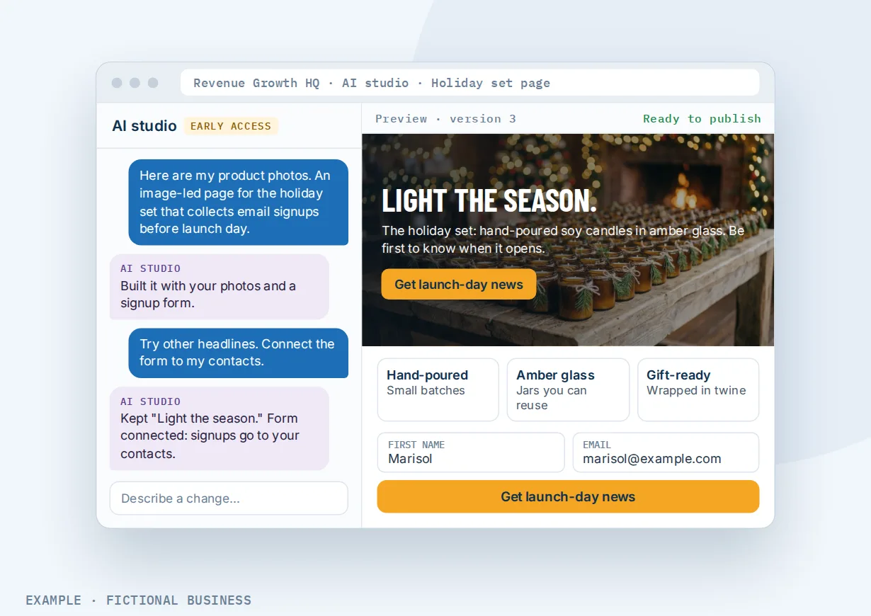 Example: the AI studio chat beside a candle shop's holiday launch page with a photo banner and an email signup form connected to contacts