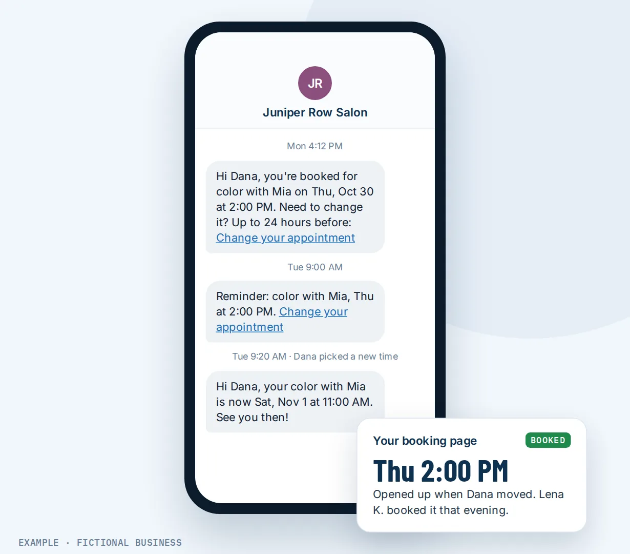 Example: a client's phone showing a salon's confirmation and reminder texts, each with a Change your appointment link, and a text confirming her appointment moved to Saturday, with a card showing the freed Thursday 2:00 PM slot booked again