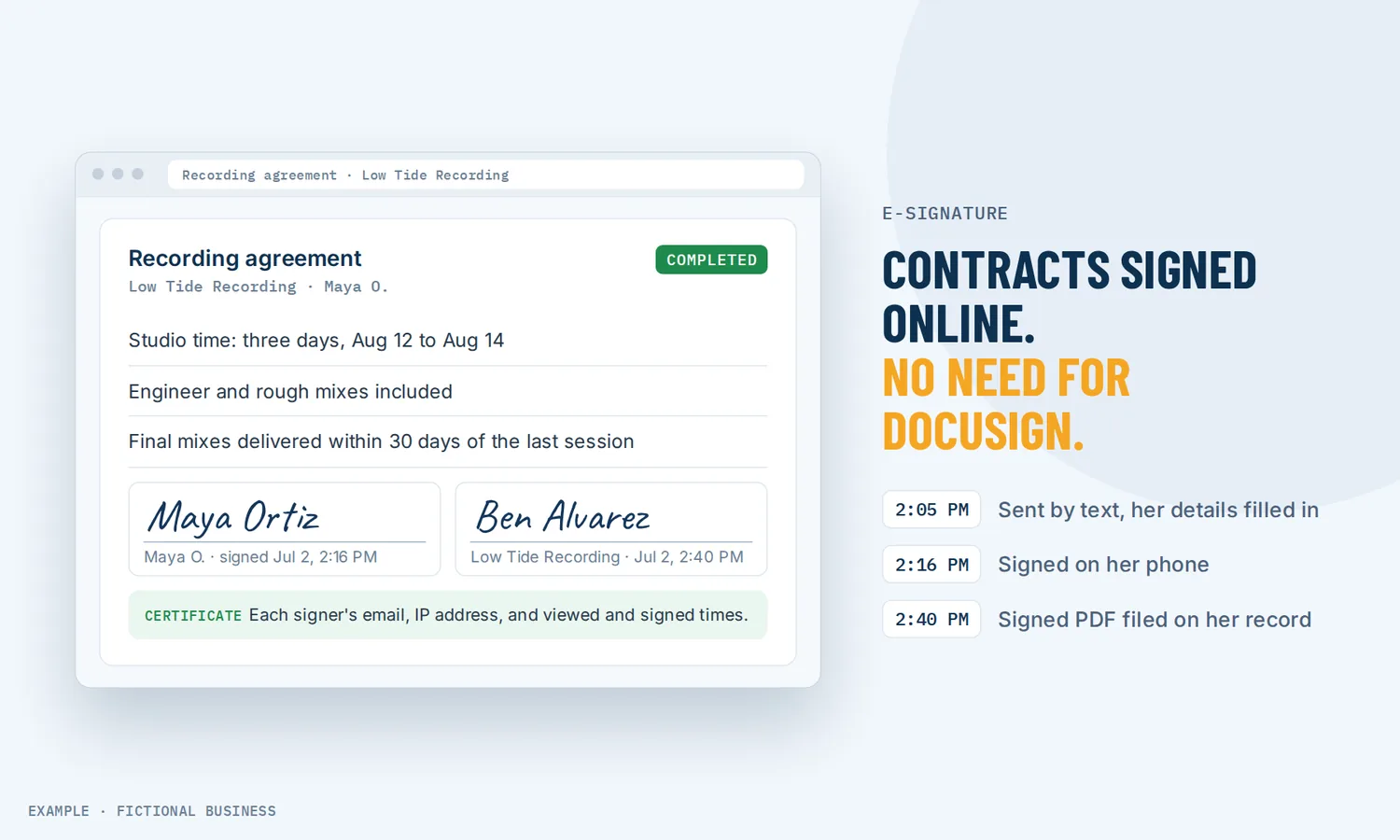 Example: a recording studio's agreement signed online by the artist and the studio, marked completed with a signing certificate