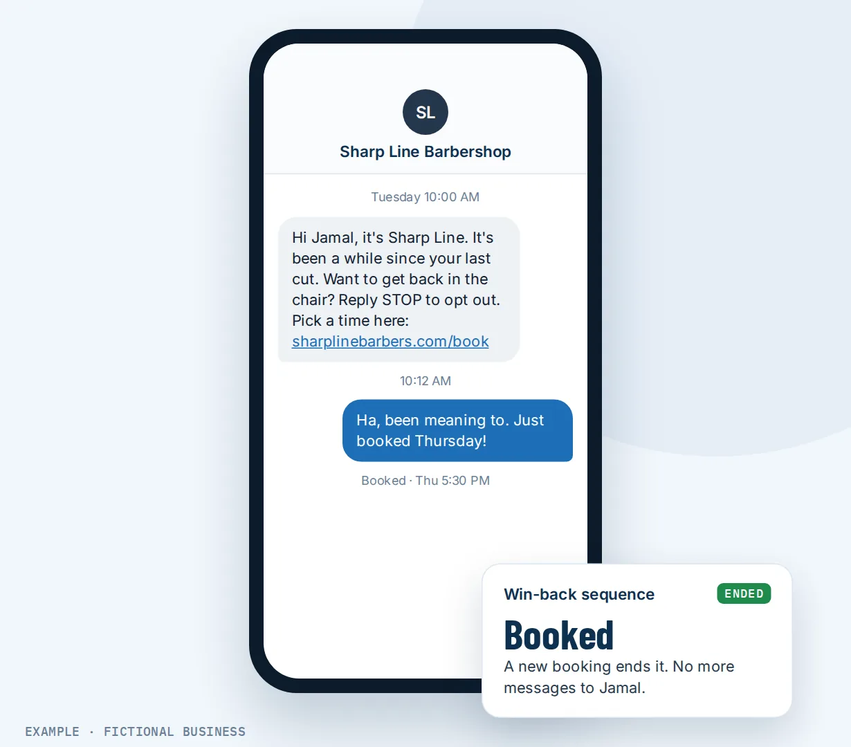 Example: a barbershop's check-in text with a booking link, the customer's reply, and the win-back sequence ending on a new booking