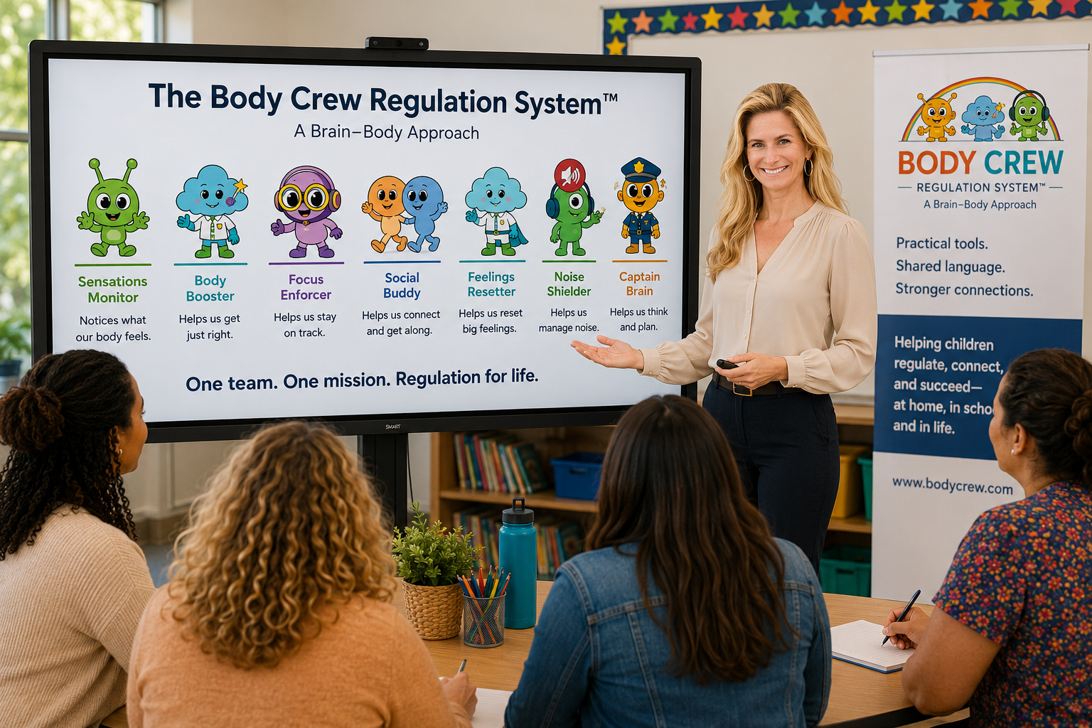 Dr. Carol presenting the Body Crew character system to a room of educators