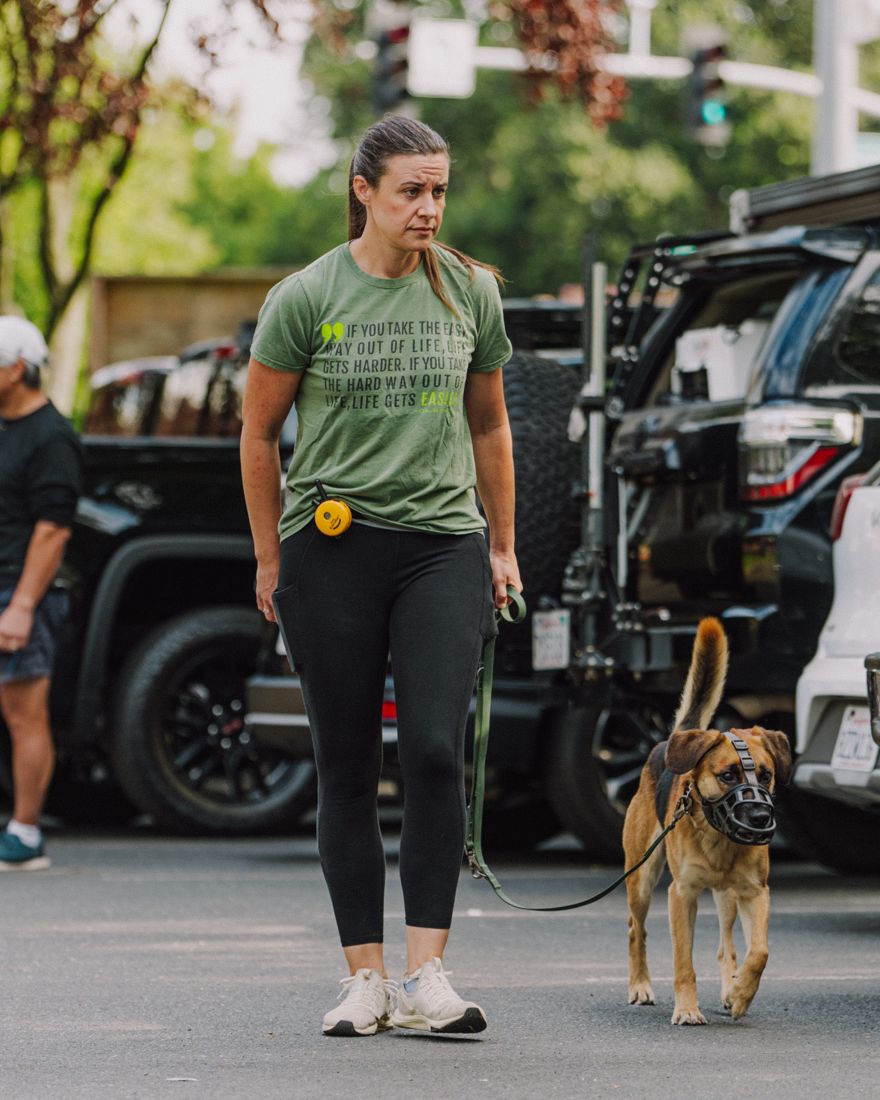 A NorCal trainer walking a muzzled shepherd through a parking lot on a loose leash