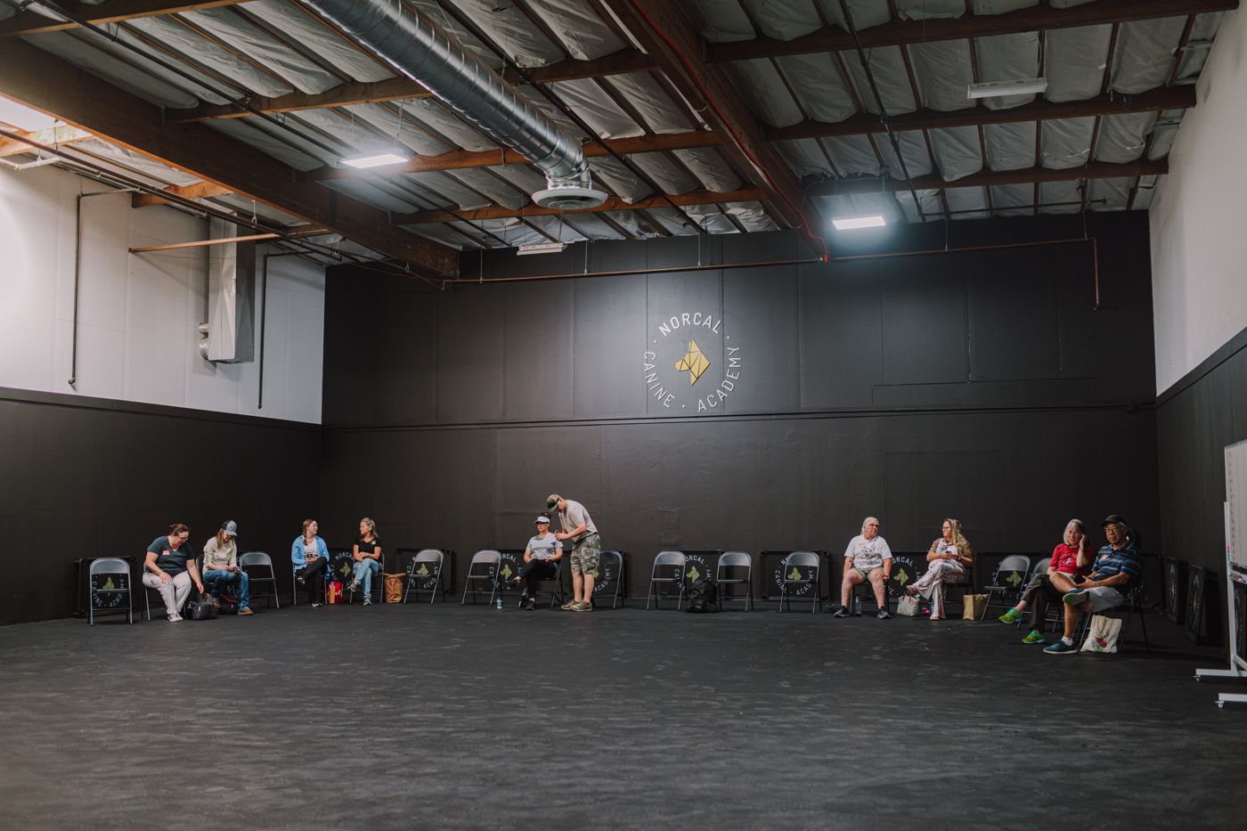 Owners sitting around the edge of the training floor with their dogs during a session