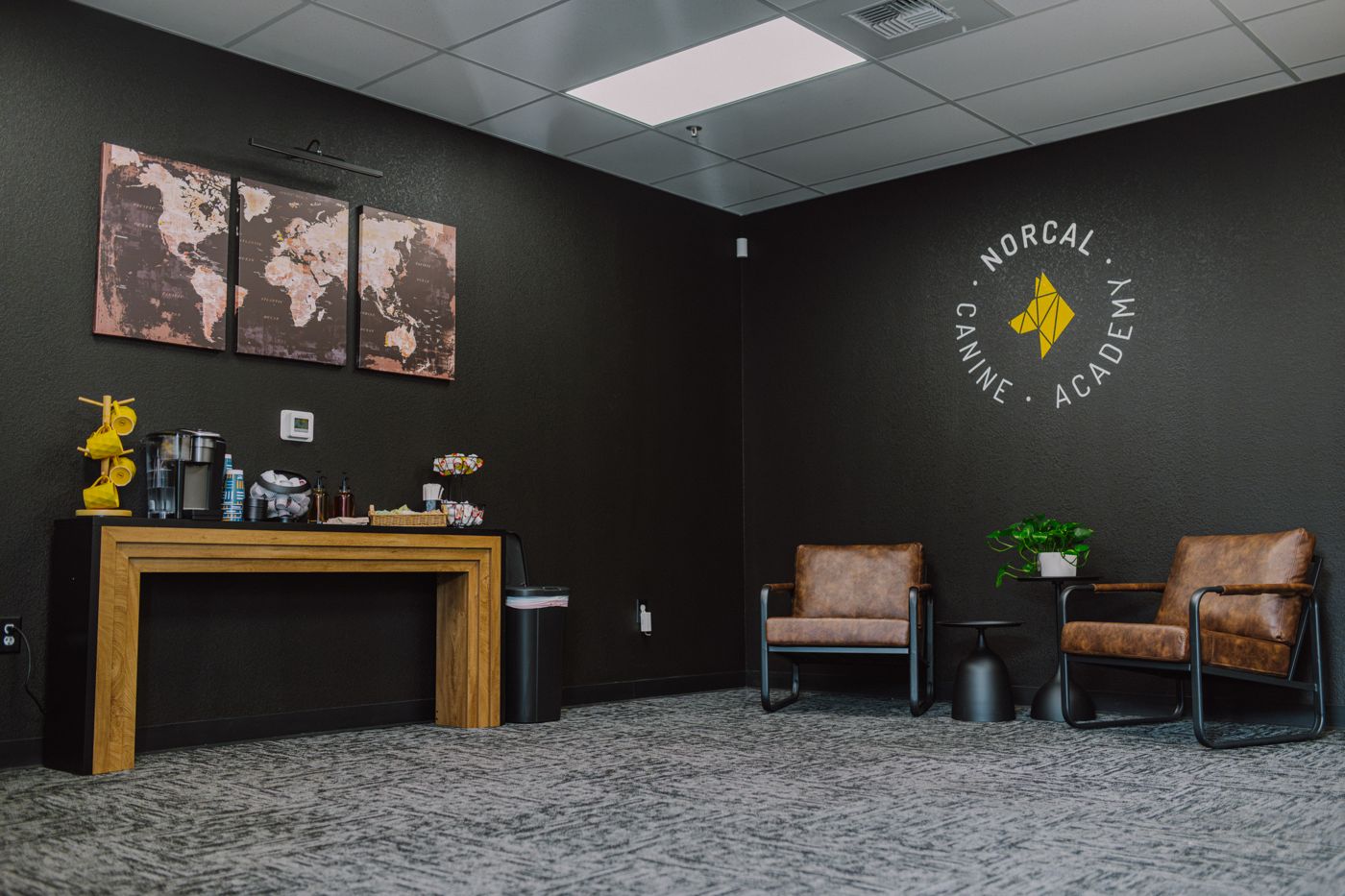 The reception area: black walls, leather chairs, coffee, and the NorCal Canine Academy roundel on the wall