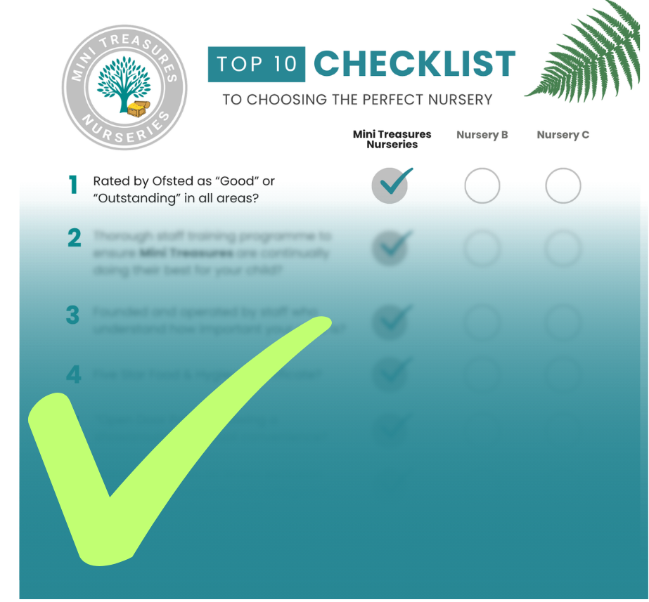 A “Top 10 Checklist to Choosing the Perfect Nursery” compares Mini Treasures Nurseries with Nursery B and C; Mini Treasures is checked.