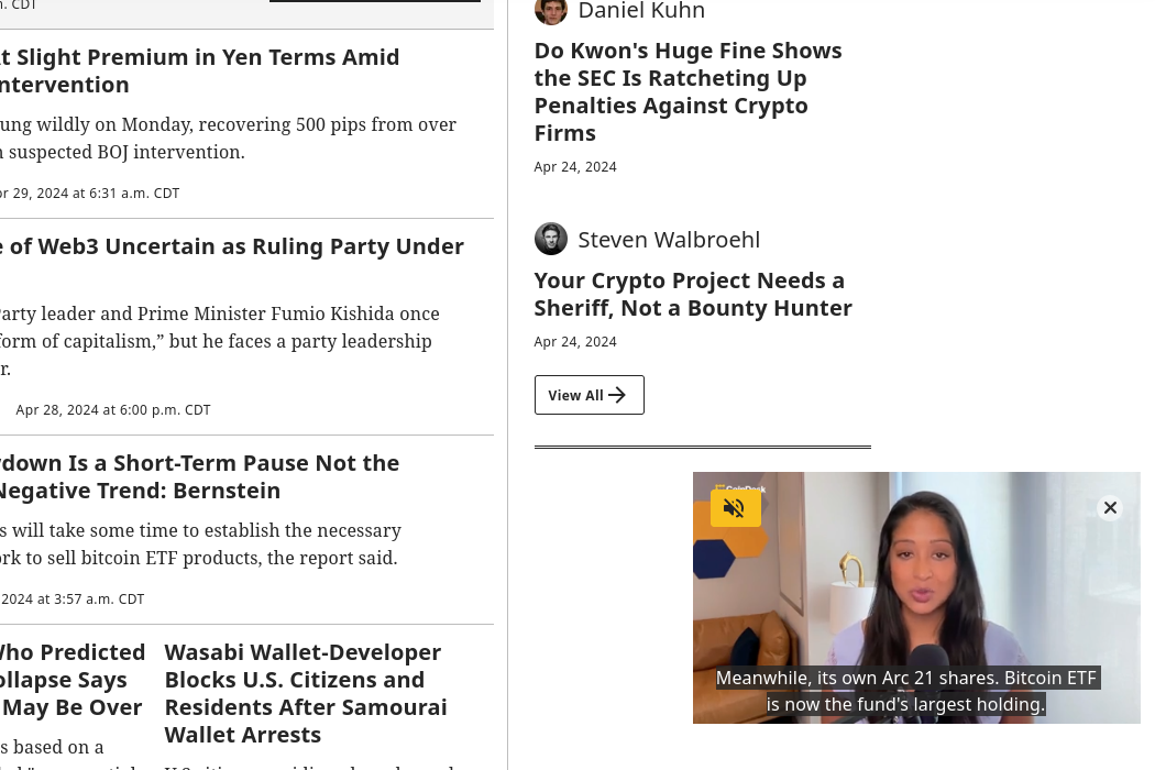 Screenshot of the video player in a float position on coindesk.com.