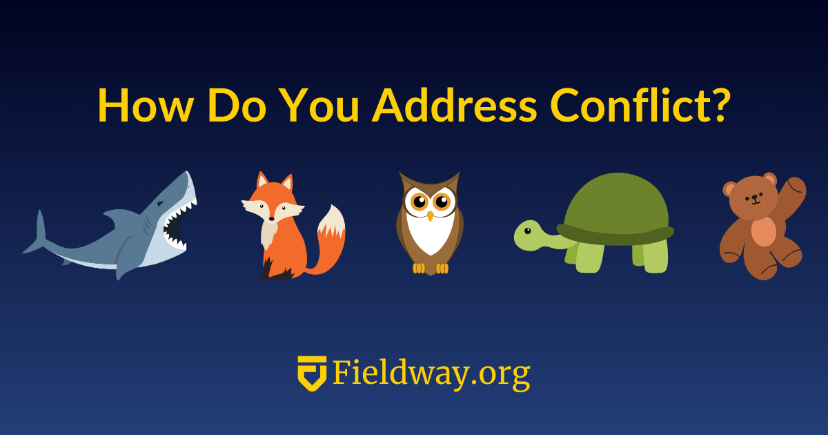 Image of 5 illustrated animals with the text, "How Do You Address Conflict?"
