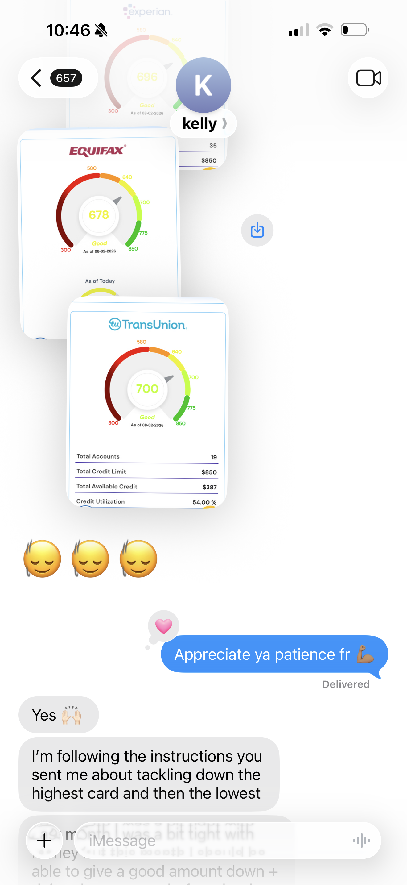 Client text messages sharing her new scores and following the coaching blueprint