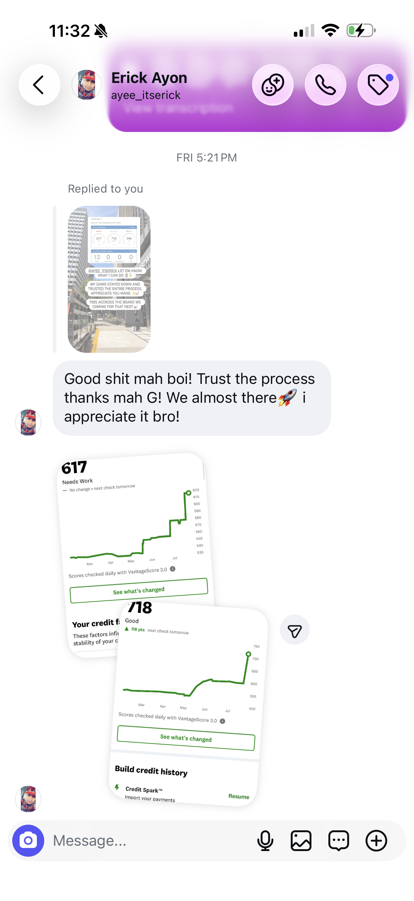 Instagram DM from Erick reacting to his results: trust the process