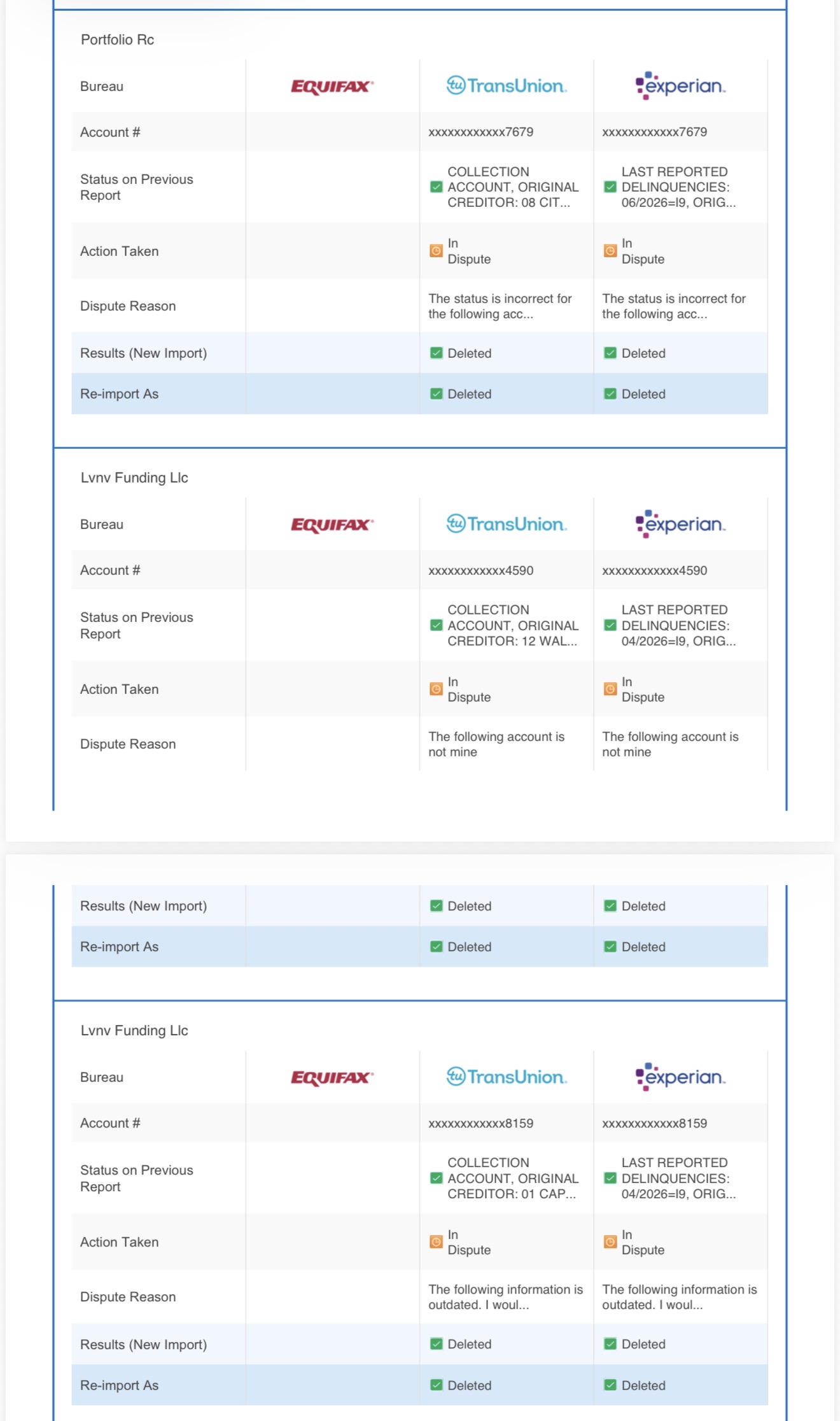 Dispute report part one showing collection accounts deleted