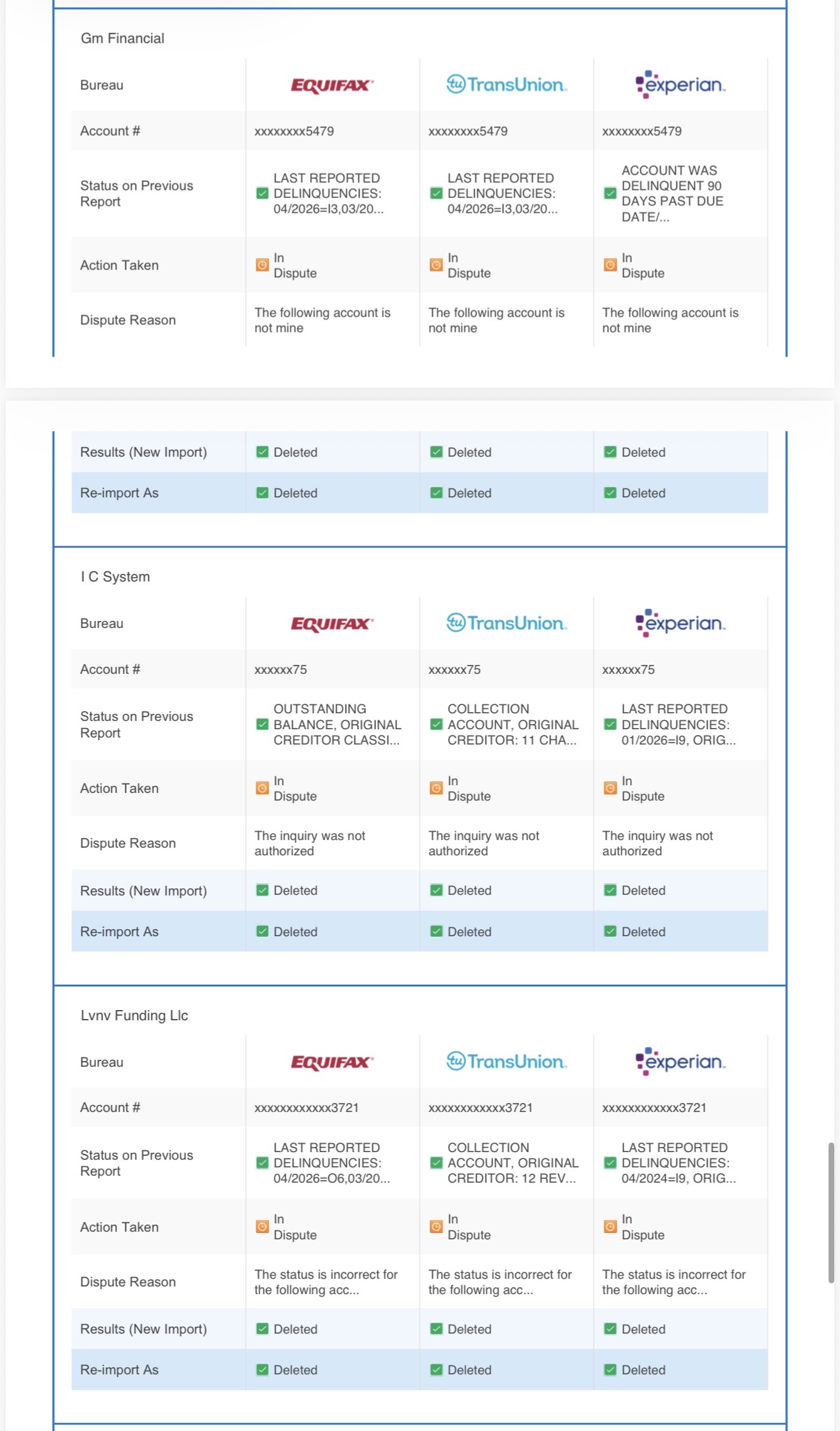 Dispute report showing GM Financial, IC System and LVNV deleted