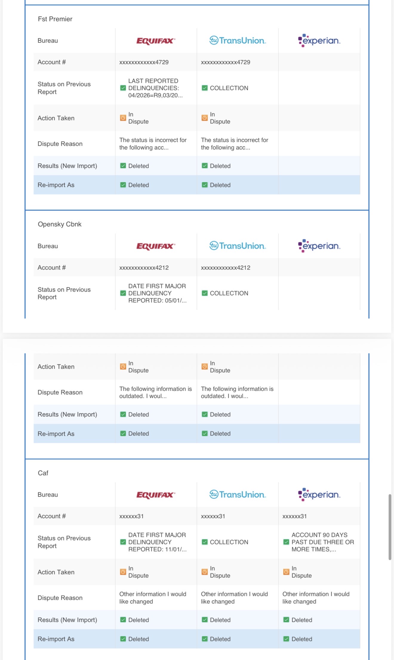 Dispute report showing First Premier and OpenSky collections deleted