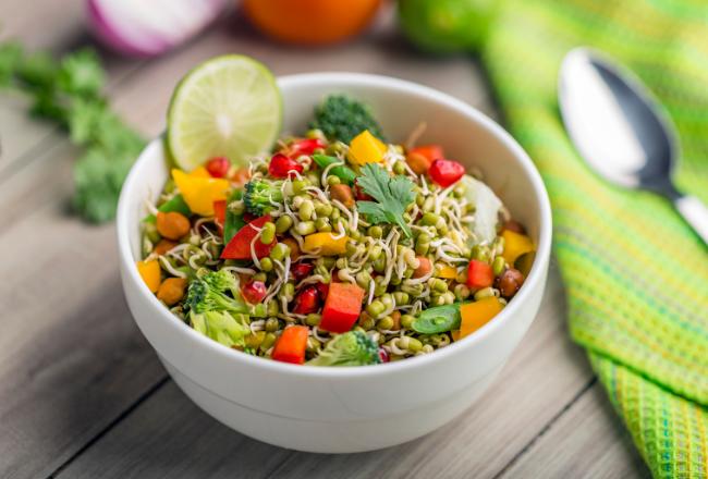 Salade colorée parsemée de lentilles germées, riches en nutriments Salade colorée parsemée de lentilles germées, riches en nutriments