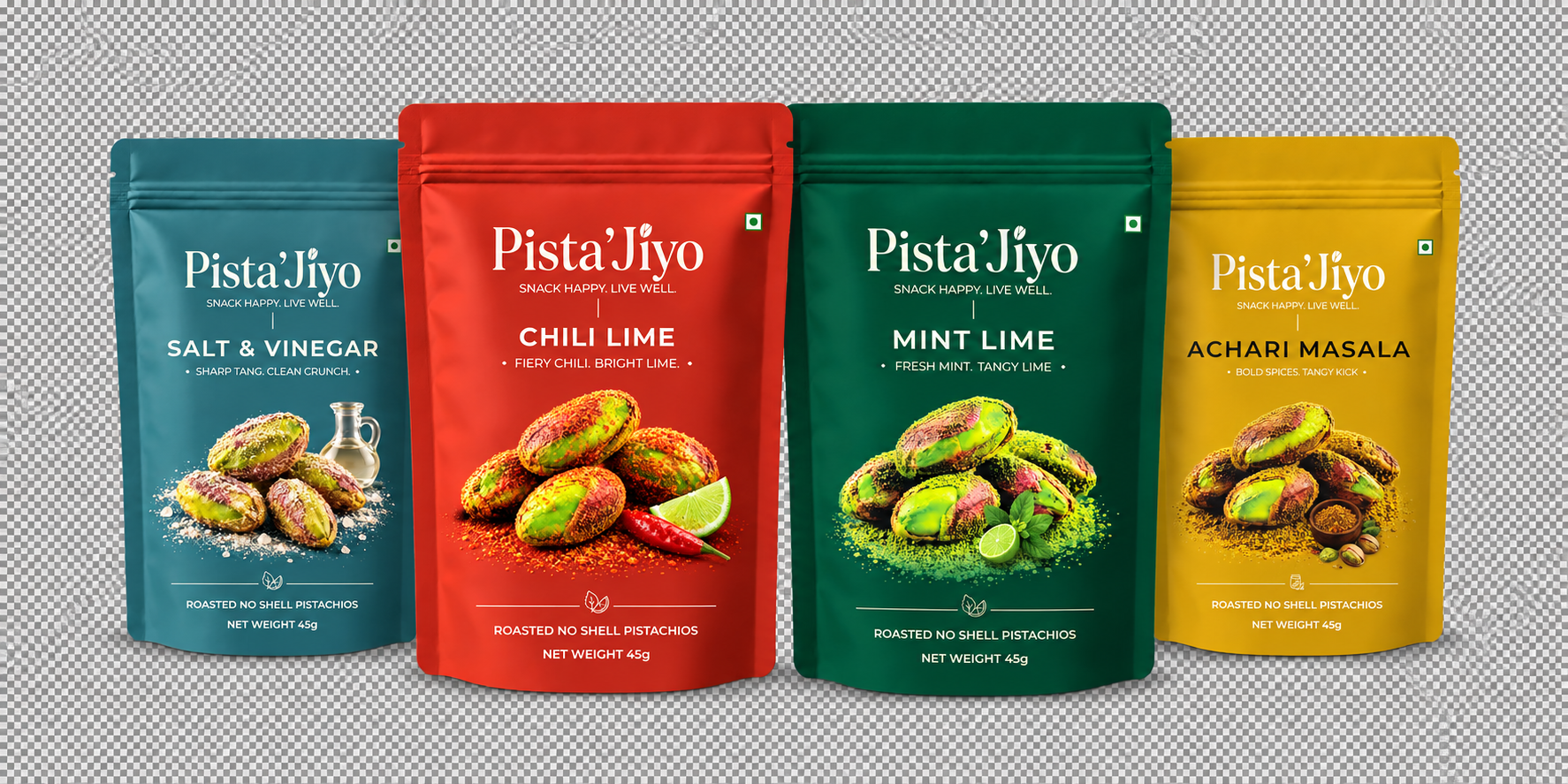 Pista’Jiyo launch flavours: Salt and Vinegar, Chili Lime, Mint Lime and Achari Masala