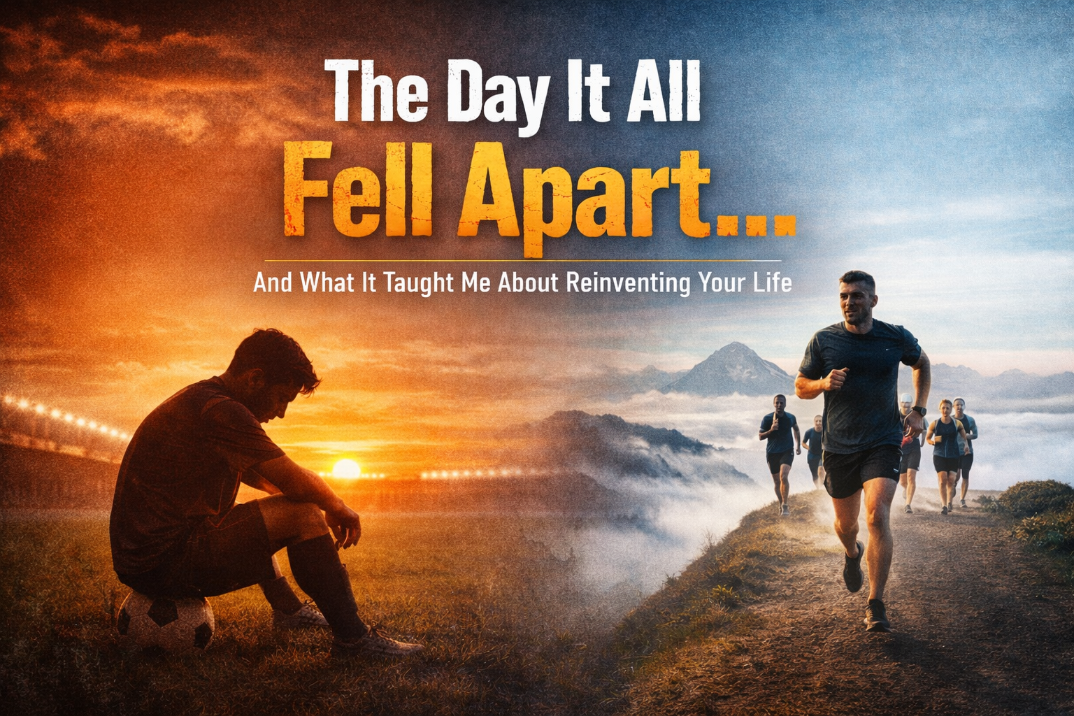 Split image showing a man sitting on a football on a pitch at sunset and a group of runners on a mountain trail, representing personal reinvention and finding purpose after losing identity