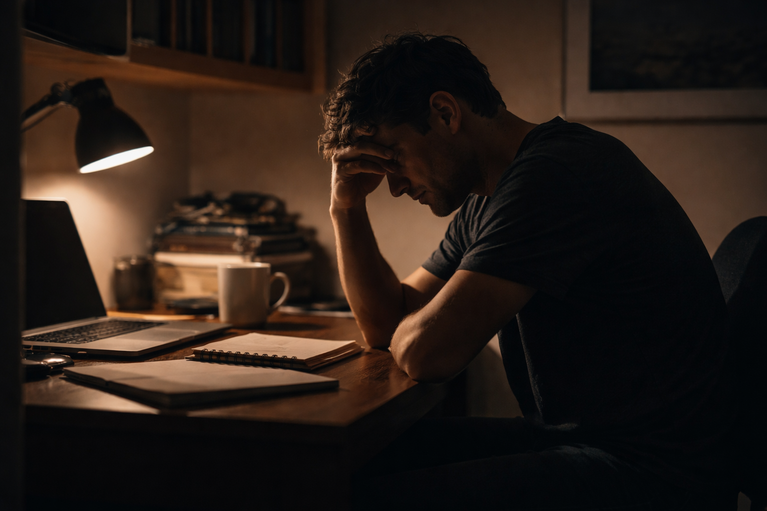 Man sat at a desk with his head in his hands feeling like he has lost purpose and identity in his life. 