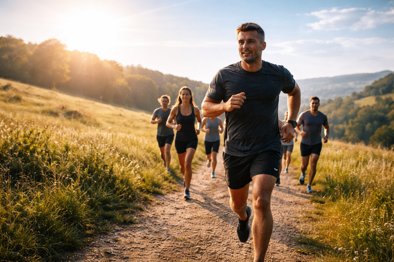 Small group of people running through the countryside, the sun is shining and the skies are blue, the man at the front of the group looks happy and content with life.