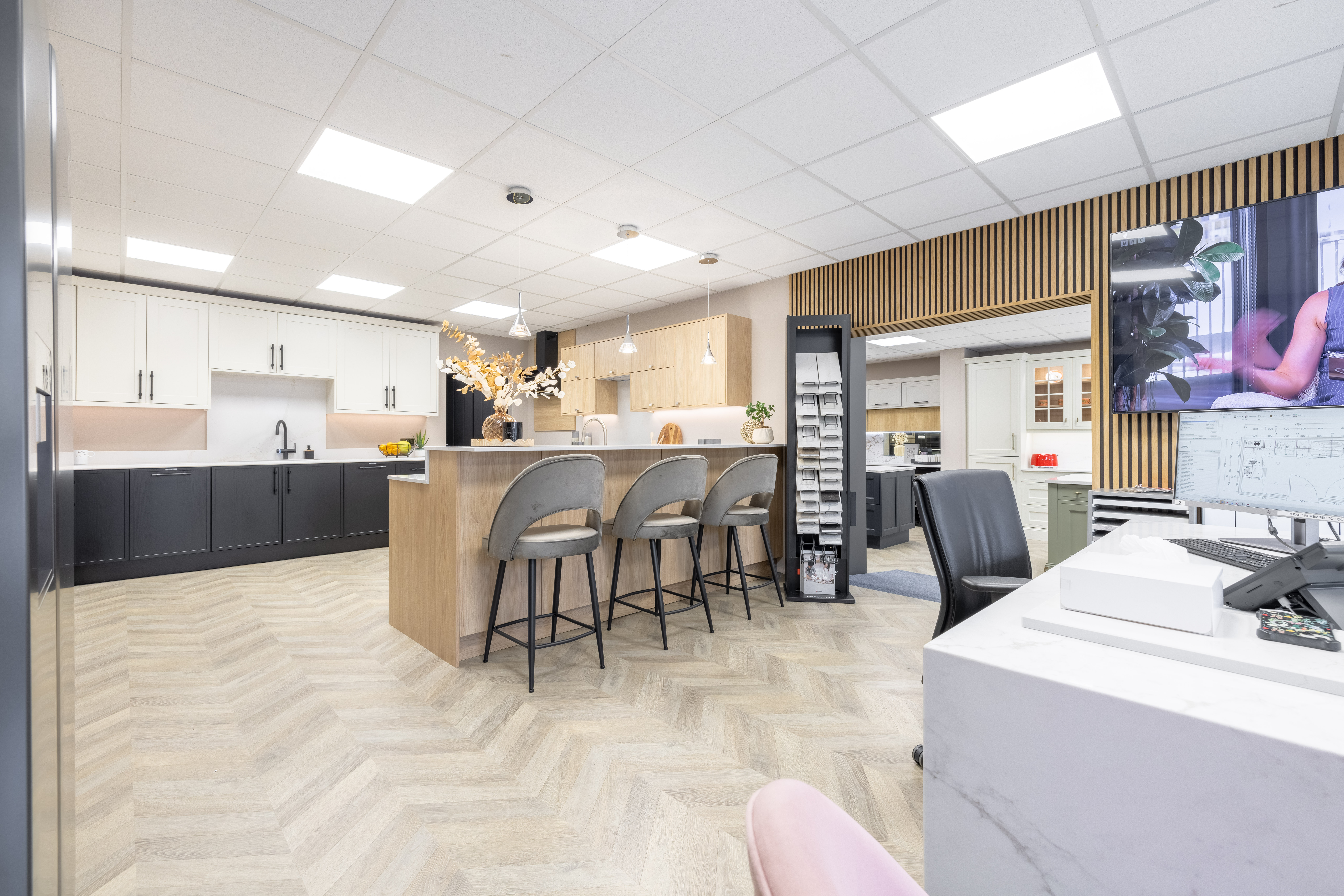 Kitchen displays inside the 20Twenty Kitchens Lisburn showroom