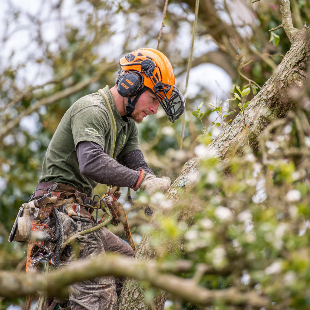 Tree service crew completing work on a residential property