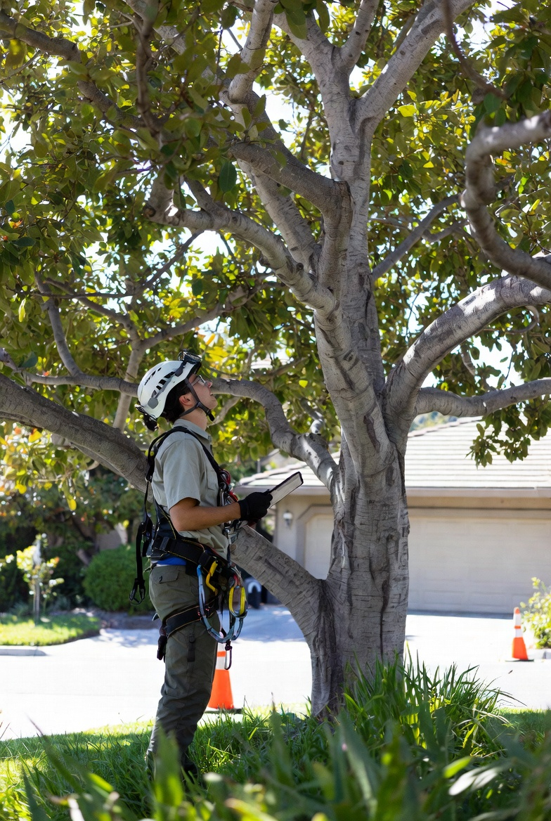 Arborist evaluating a tree and planning safe work