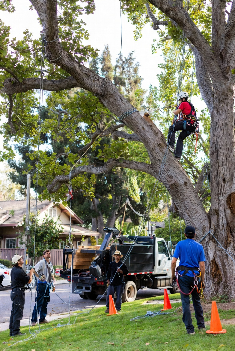 Crew performing tree service work in a residential area in San Jose California