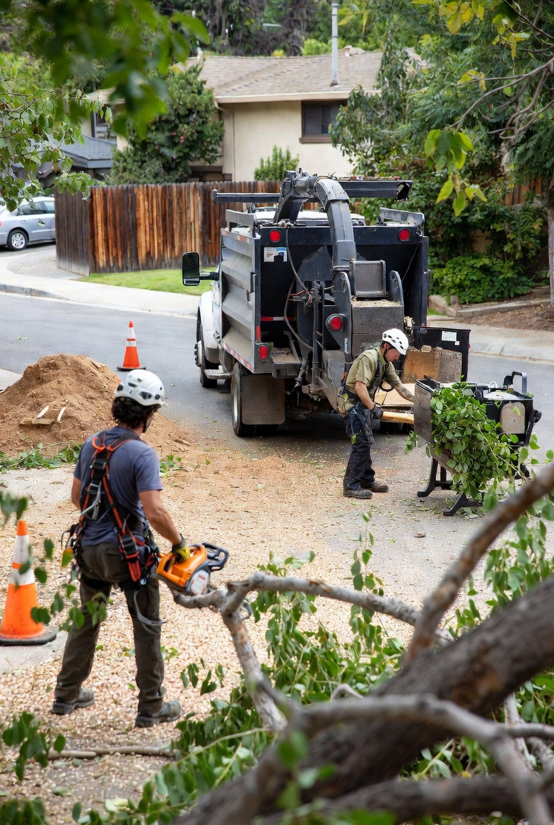 Tree trimming work being performed in a residential yard