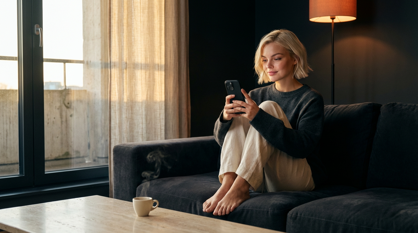 Monday 7:14 AM — she texts Maya from the sofa before the coffee goes cold