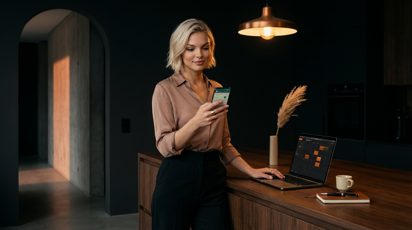 9:30 AM — she runs her calendar, inbox, and follow-ups from one kitchen island