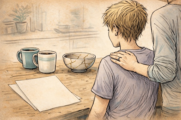 AI-generated illustration of a parent placing a steady hand on their child’s shoulder at a kitchen table with a repaired ceramic bowl nearby, symbolizing support, repair, and consistency over perfection in parenting.