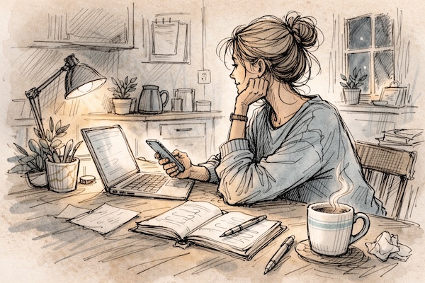 AI-generated illustration of a parent sitting at a kitchen table at night, looking at a phone beside an open laptop and notebook, symbolizing quiet parental anxiety and late-night research about their child.