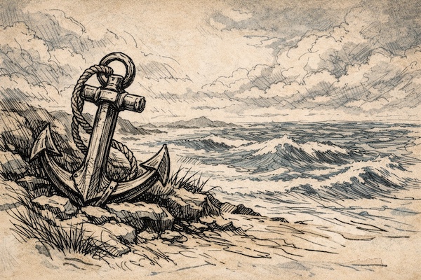 AI-generated illustration of a large anchor resting firmly on rocks by the ocean, symbolizing emotional grounding and steadiness before responding to a child.