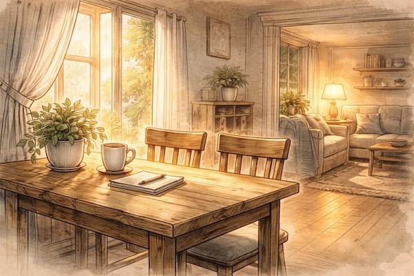 AI-generated illustration of a warm, sunlit kitchen and living room with a wooden table, empty chairs, and soft evening light, symbolizing a calm and emotionally safe home environment for a child.