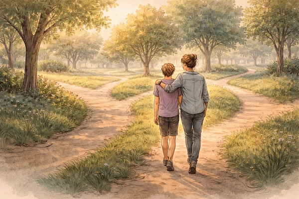 AI-generated illustration of a parent and child walking side by side on a path that branches into multiple directions in a sunlit park, symbolizing steady support and openness while a nonbinary child explores their identity.
