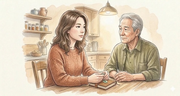 AI-generated illustration of a woman sitting at a kitchen table with an older family member, mid-conversation, her posture slightly tense but engaged, representing the effort of staying present while holding a personal boundary.