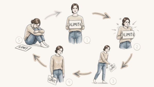 AI-generated illustration showing a five-stage cycle of a woman progressively letting go of a sign reading "LIMIT," ending collapsed on the floor before the cycle restarts.