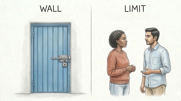 AI-generated illustration showing a locked door labeled “Wall” on one side and two people calmly talking under the word “Limit” on the other, symbolizing the difference between shutting people out and setting a healthy limit.