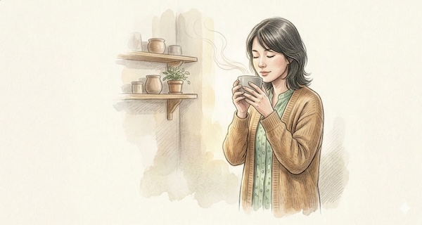 AI-generated illustration of a person quietly holding a warm cup of tea in a kitchen, representing taking time to settle difficult feelings after a challenging conversation.