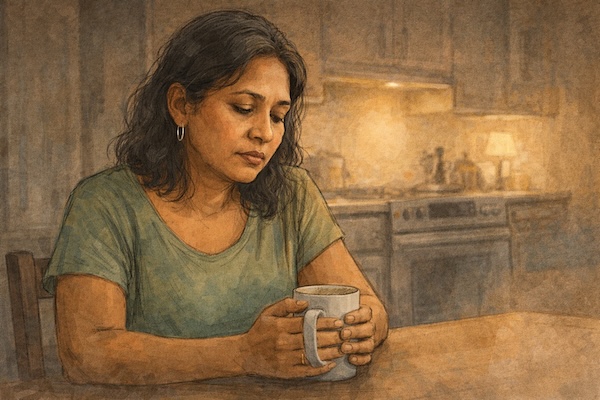 AI-generated illustration of a woman sitting alone at a kitchen table in the evening, both hands wrapped around a mug, eyes downcast in quiet reflection.