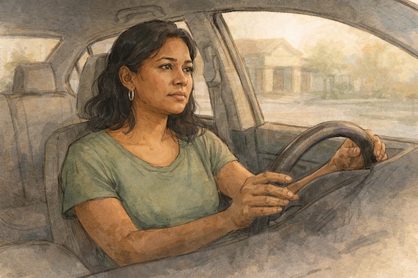 AI-generated illustration of a woman sitting in a parked car, both hands on the steering wheel, looking ahead with a calm but guarded expression.