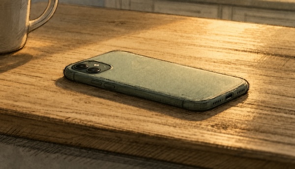 AI-generated illustration of a smartphone lying face-down on a wooden surface in warm evening light, a mug visible at the edge of the frame.