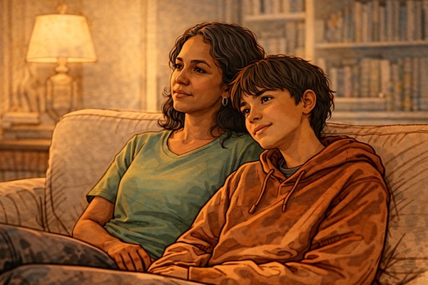 AI-generated illustration of a mother and teenager sitting close together on a sofa in warm lamplight, the teenager leaning gently into the parent's side.