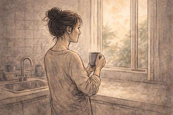 Ai-generated illustration of a woman seen from behind, holding a mug, looking out a kitchen window into soft morning light.