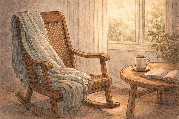 AI-generated illustration of an empty rocking chair with a blanket draped over it, beside a small table with a cup of tea and an open book, soft light through a window.