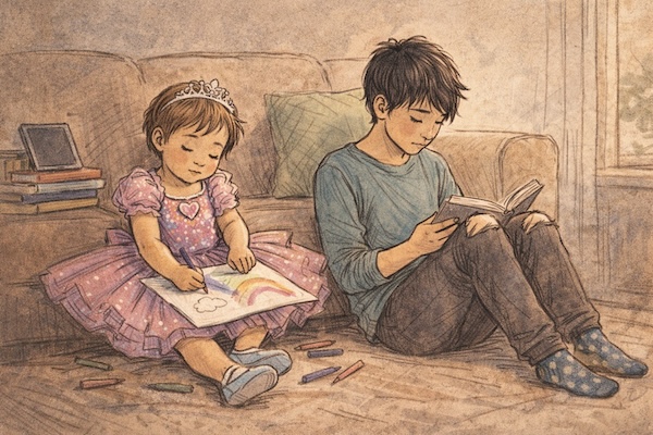 AI-generated illustration of two children sitting on the floor together — a small child in a princess dress drawing a rainbow, an older child reading. Neither looking at the camera.