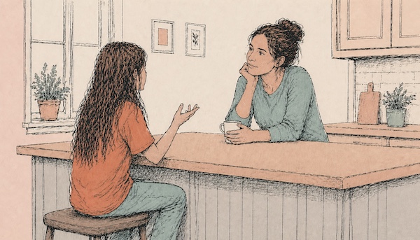 AI-generated illustration of a parent leaning on a kitchen counter, listening carefully as a child speaks with their back to the viewer.